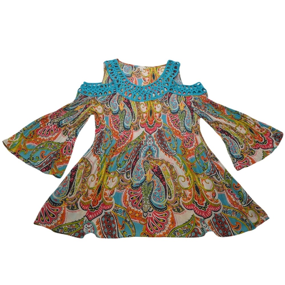 Spense Cold Shoulder Blouse Women XL Multicolor Paisley Crochet Bell Sleeve